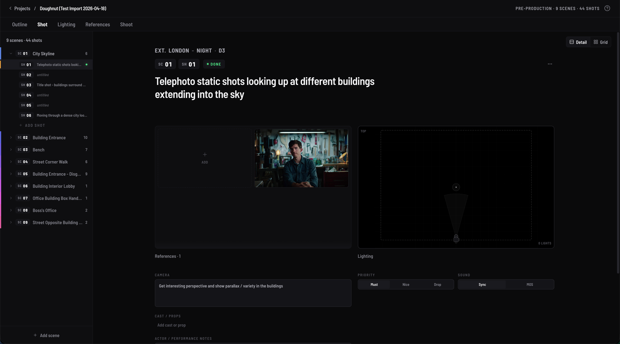Lighthunter shot-planning workspace showing scenes, shots, references, and a lighting diagram